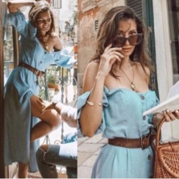 Zara Premium Denim Chambray Off Shoulder Midi Button Down Dress Blue Medium - Picture 5 of 13